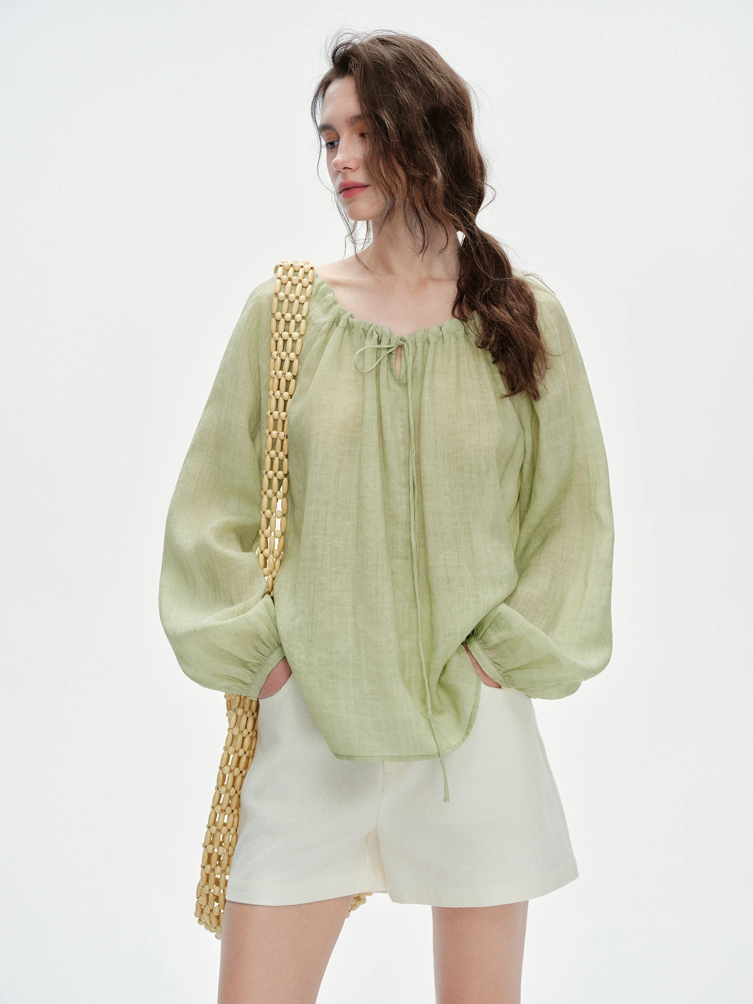 

AIYUTONG Женская рубашка свободного кроя из лиоцелла и льна с градиентным эффектом, дышащая, с длинным рукавом, в французском стиле, для лета, защита от солнца