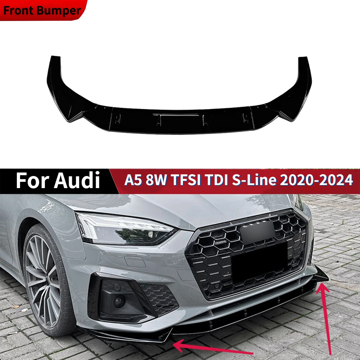 

Car Front Bumper Lip Spoiler Splitter Diffuser Retrofit For Audi A5 S5 B9 B9.5 A5 8W TFSI TDI S-Line 2020-2024 Facelift Bodykits