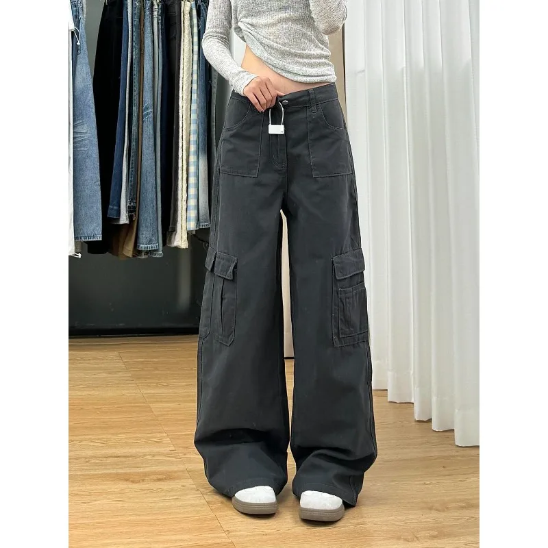 Deeptown Y2k Vintage Grey Cargo Pants Woman Baggy America Retro Casual High Waist Trousers Korean Basic Harajuku Pantalones