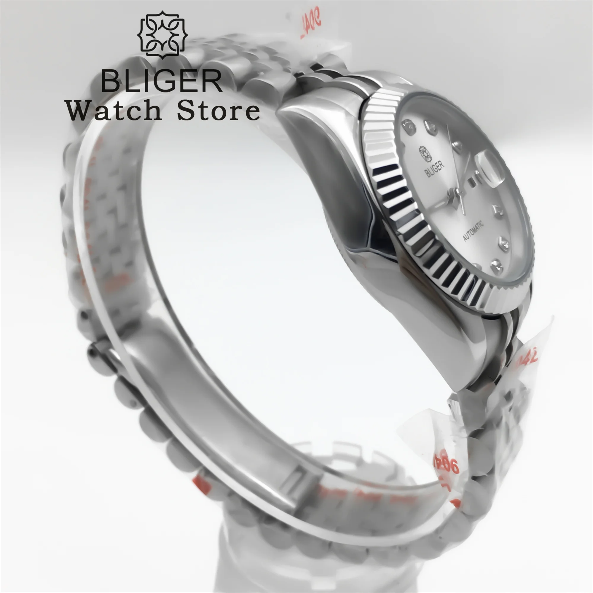 BLIGER 31mm Women Automatic Watch Stainless steel Bracelet Sapphire Glass White Mother Pearl Dial Diamond index Waterproof Watch