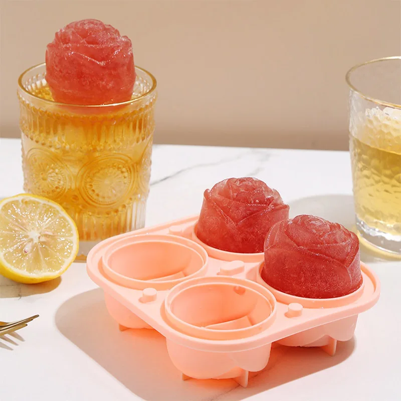 4 Cavity 3D Rose Ice Cube Tray, Food Grade Silicone Flower Ice Mold, DIY Ice Cube Maker For Drinks Cocktail Juice For Baby Food