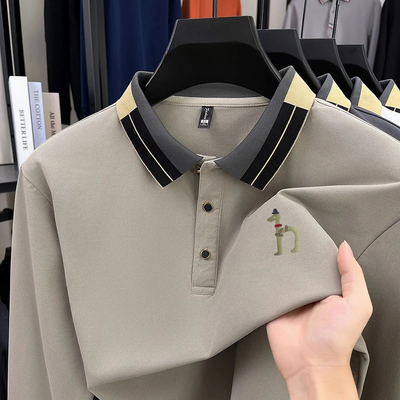 Original Design Men's Lapel Polo Shirt Autumn New Solid Color Print Long Sleeve T-Shirt High-End Business Leisure Men's Clothing