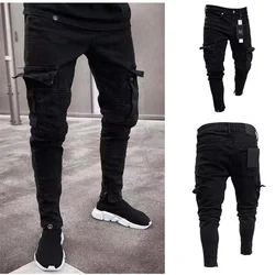 Men Jeans Knee Hole Ripped Zipper Stretch Skinny Denim Pants Solid Color Black Multi-Pocket Hip-Hop Style Slim Fit Trousers