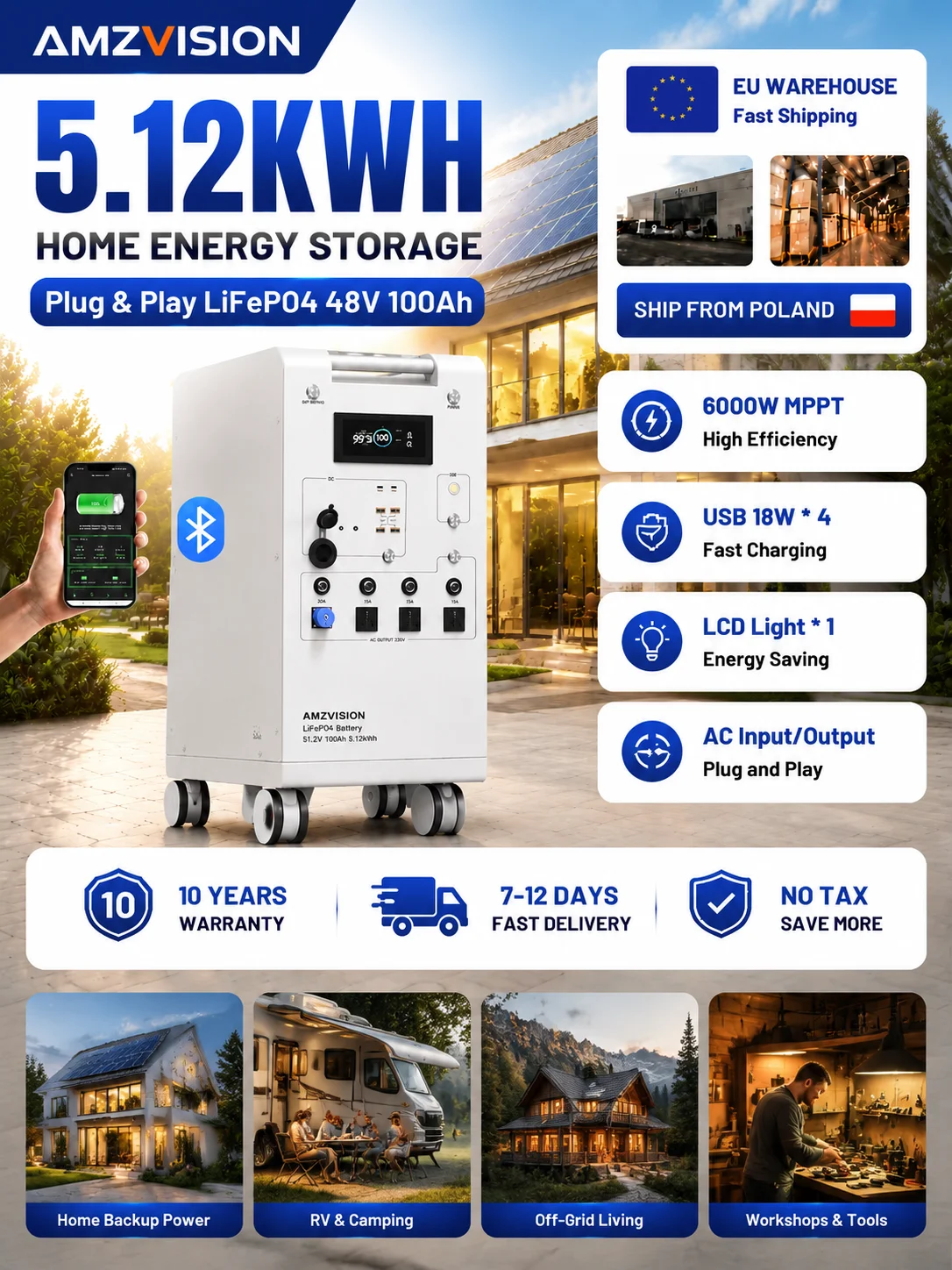 5000W Tragbare Powerstation LiFePO4 48V 100Ah 5Kwh 6000W MPPT-Wechselrichter mit Licht 18W-USB EU AC Ein-/Ausgang PV-Eingang EU LAGERBESTAND