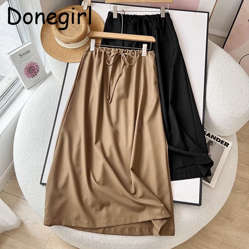 Donegirl Primavera Estate 2025 Nuove Donne A-line Gonna Lunga Elastico A Vita Alta Semplice Casual Solido Versatile Gonna Midi Femminile Chic