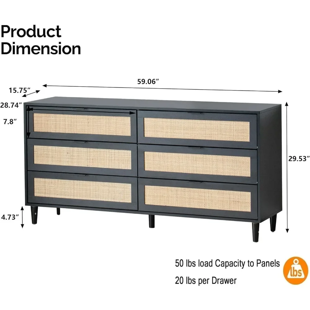 6 Drawer Double Dresser for Bedroom,Natural Rattan Modern Chest