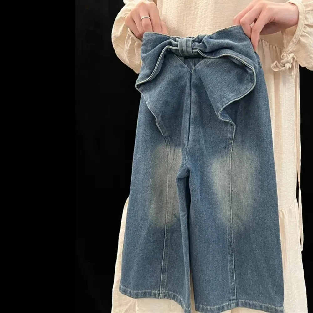 

Korean Version Fashion Casual Girl Denim Wide Leg Pants with Big Bow Design Street Style Versatile for 3-7 Years Old in Summer