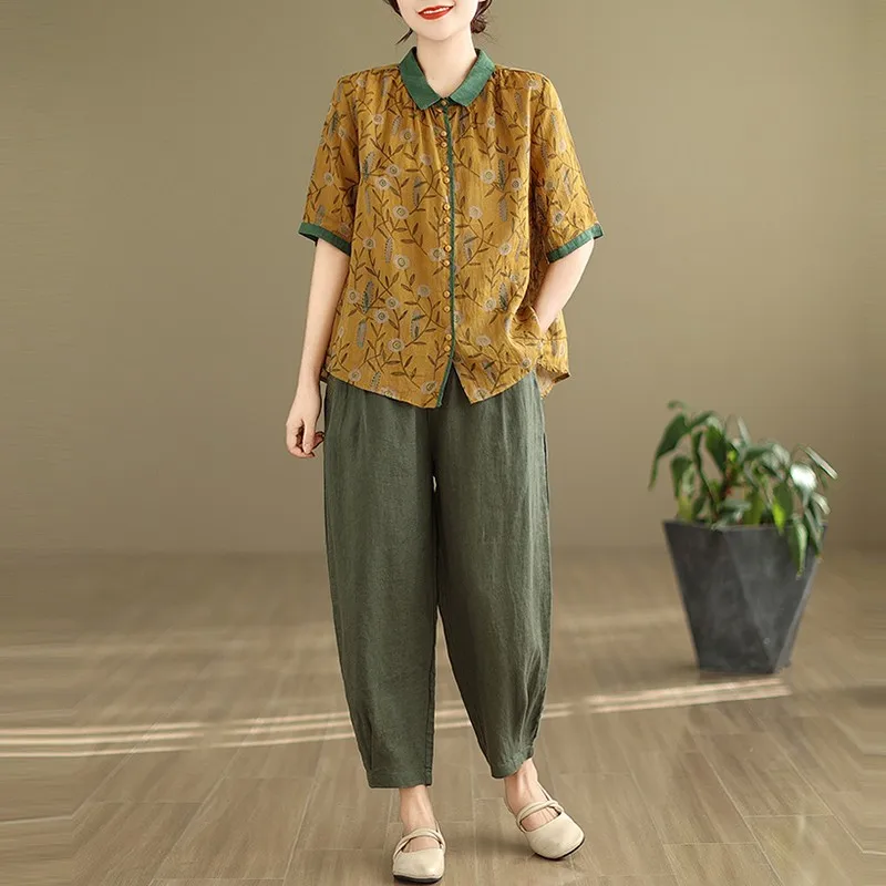 Women Summer Casual Shirt And Harem Pants New Arrival 2024 Vintage Style Floral Print Loose Female Pant Suits 2 Piece Sets B3602