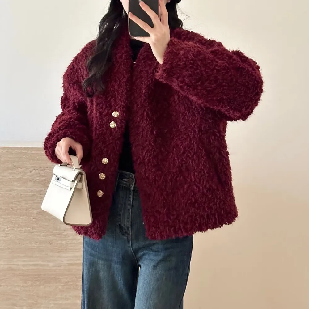 4 colors Winter V neck Shaggy Curly Lamb Sheep Faux Fur Coat CHIC Front Open Through Buttons Full Sleeve Loose Warm Coat White