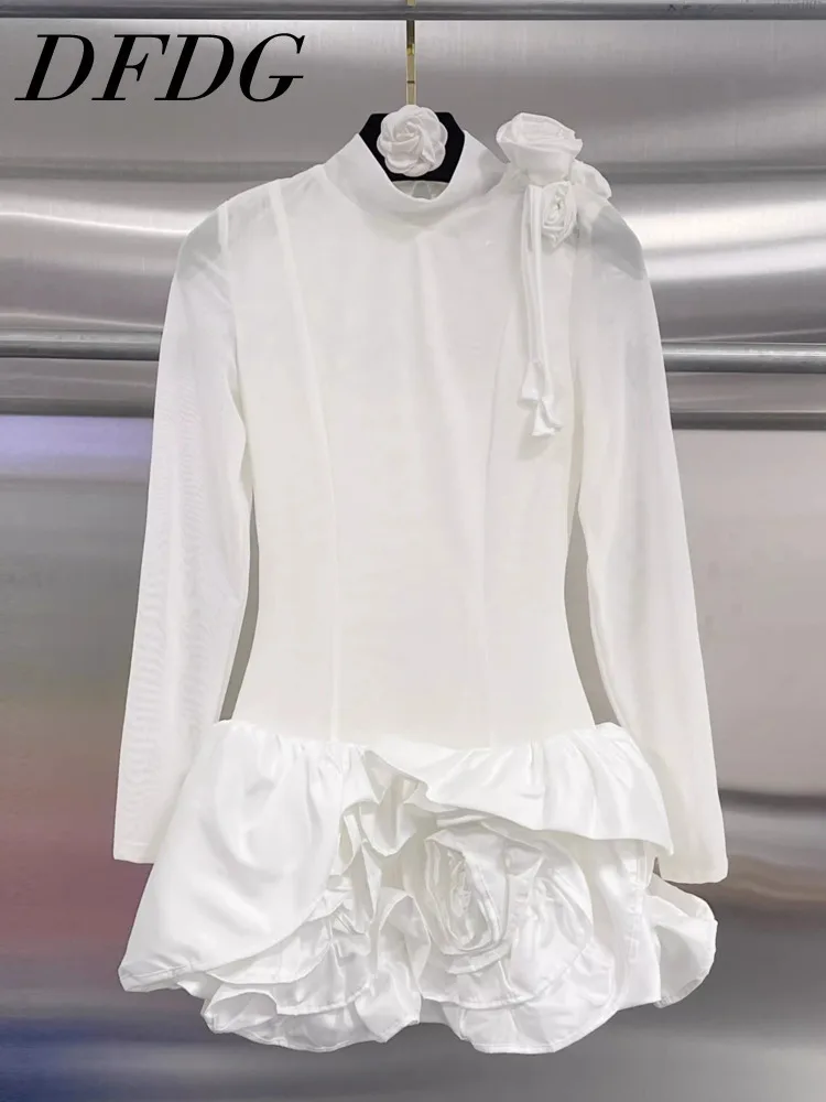 

DFDG женское минималистское белое короткое платье из нержавеющей стали 2025 года, элегантное сексуальное коктейльное мини-платье с 3D цветочным принтом и приталенной талией