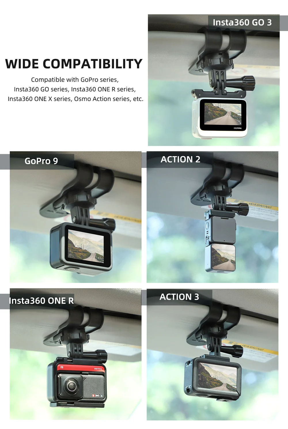 Car Sun Visor Mount Action Camera Holder Cell Phone Vlog Mount 360°Rotating for Insta360 GO 3S/360 X3/GoPro 11/Action 4/3 Camera