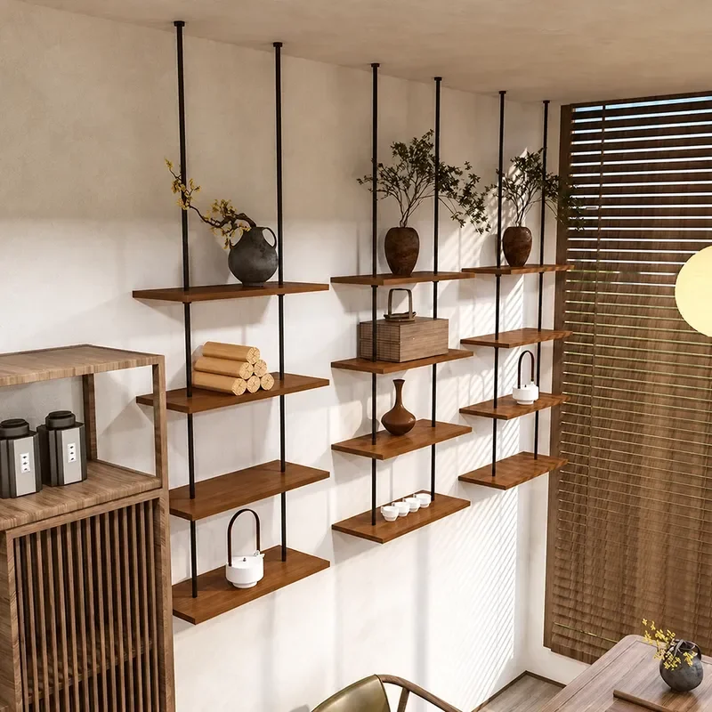 Light Luxury Wooden Bookshelf with Lamp Partition Open Display Shelf for Living Room Office Shoe Store Storage and Decoration