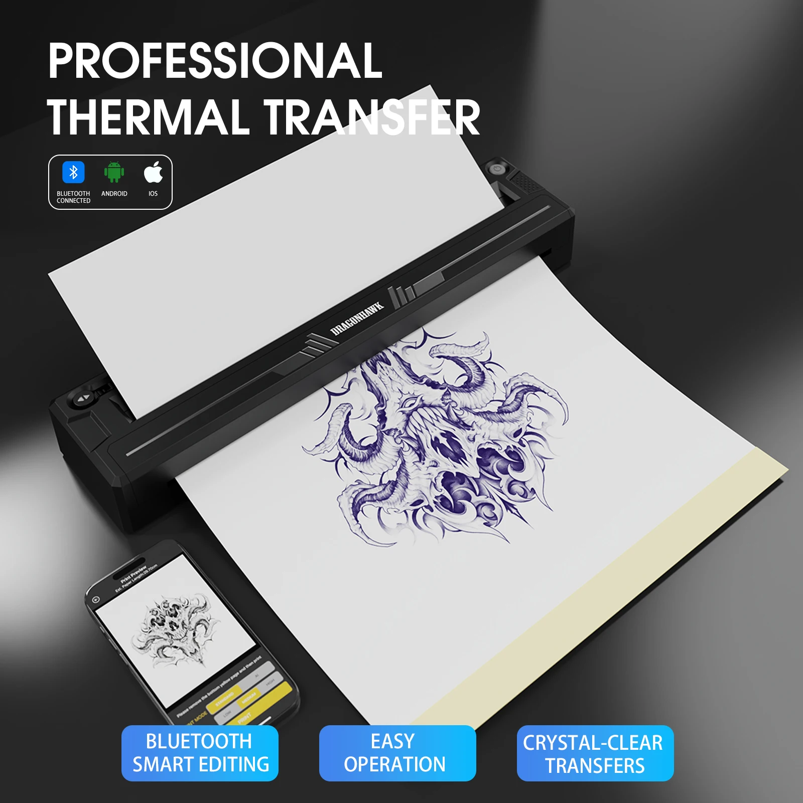 Dragonhawk A4 Tattoo Stencil Printer Transfer Machine Kit Bluetooth Compatible with Phone Tablet PC Tattoo Stencil Paper Gel Ful