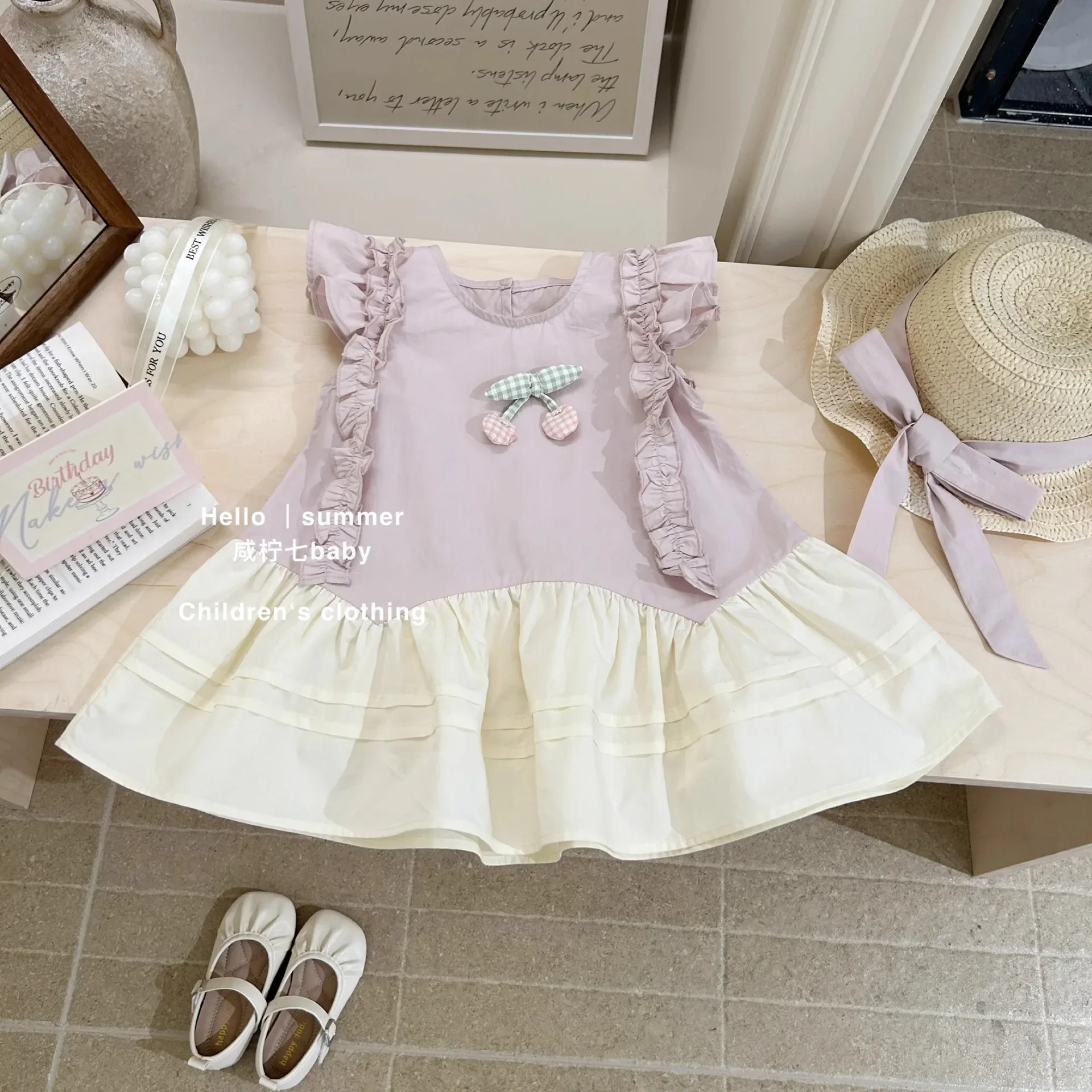 

2025 Girls Baby Summer dress sweet cherry lace dresses+hat,fashion Kids Children Birthday princess vestidos Clothes 2-10Y