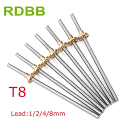 3D Printer T8 Lead Screw OD 8mm Lead 2mm 4mm 8mm 200mm 250mm 300mm 350mm 400mm 450mm 500mm with cooper nut for Reprap