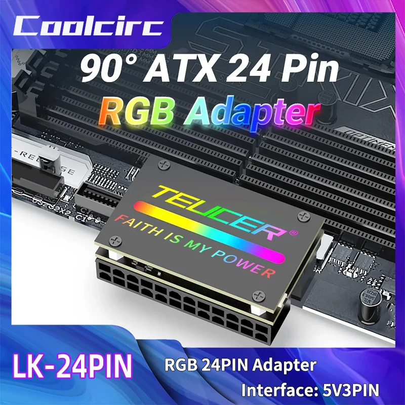 

COOLCIRC ATX Power Supply 24Pin to 90 Degree Adapter 5V RGB Mainboard Motherboard Cable Connector Modular DIY PC Accessory