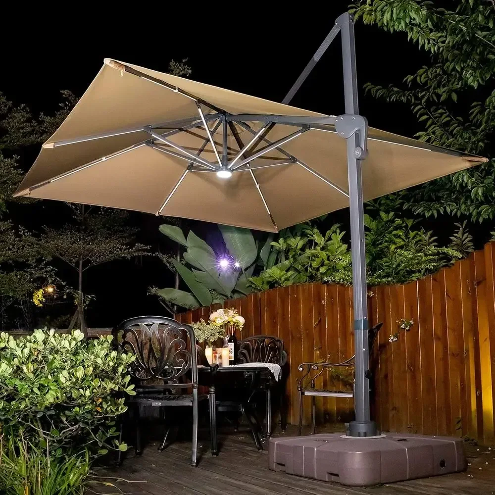 10x10 Square Deluxe LED Cantilever Patio Umbrella with 360° Rotation and Integrated Lighting System
