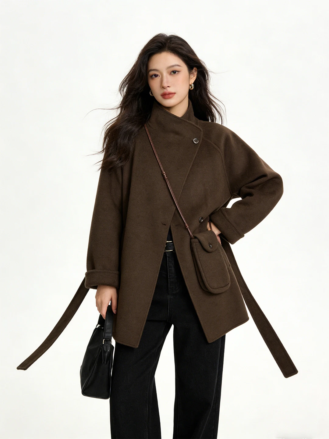 

Double-Sided Woolen Coat Korean Sle Commute Warm Long Sve Straight Tube Young Women's Faion Slim Fit Stand Collar Coat