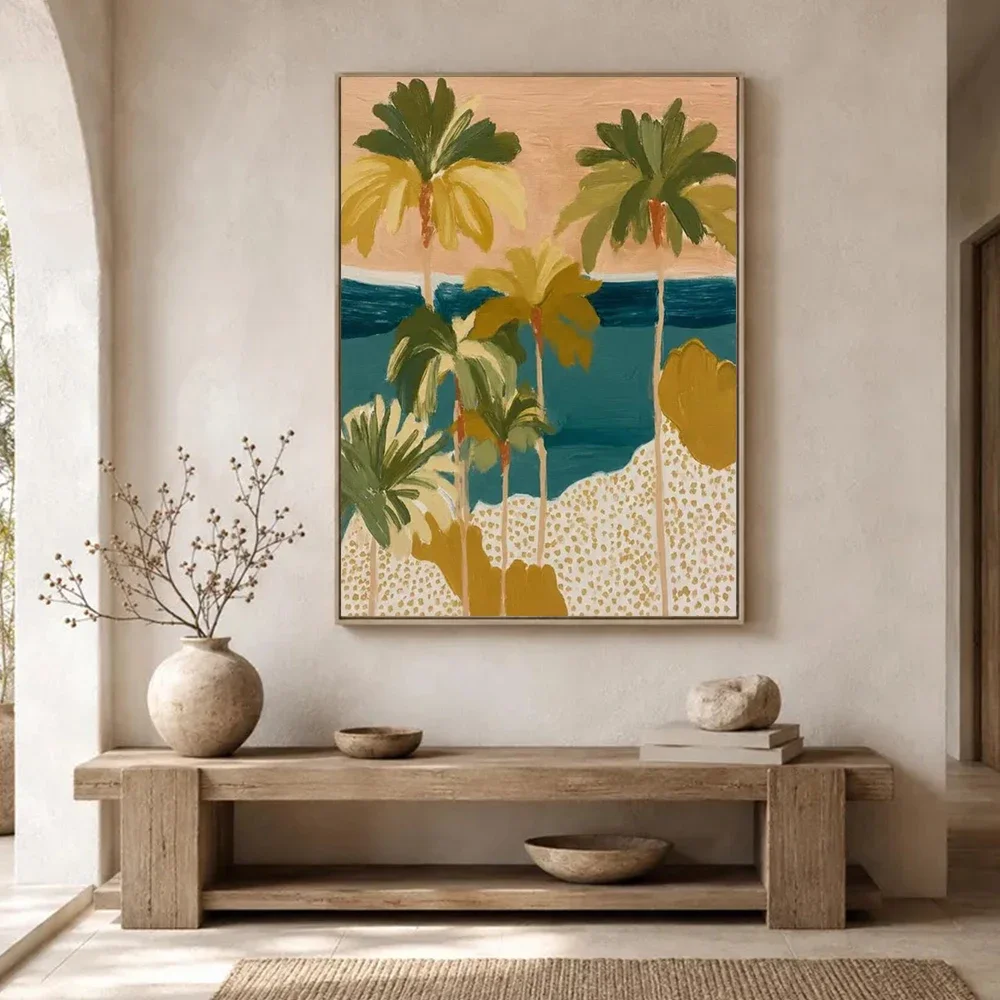Multiple sizes 1pc frameless Canvas Painting,Boho Tropical Palm Tree Canvas Painting Wall Art Neutral Earth Tone Abstract Landsc