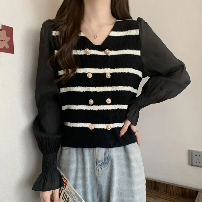 Commute Fake Two Pieces Blouse Spring Autumn Striped Knitted Patchwork Women's Clothing Basic Casual V-Neck Long Sleeve Shirt