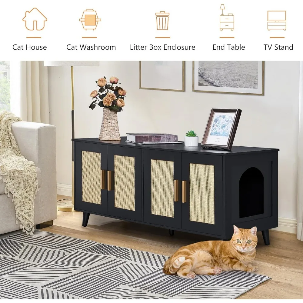 Wooden Double-Door Cat Litter Enclosure for Two Cats with Rattan Accents and Washroom Design