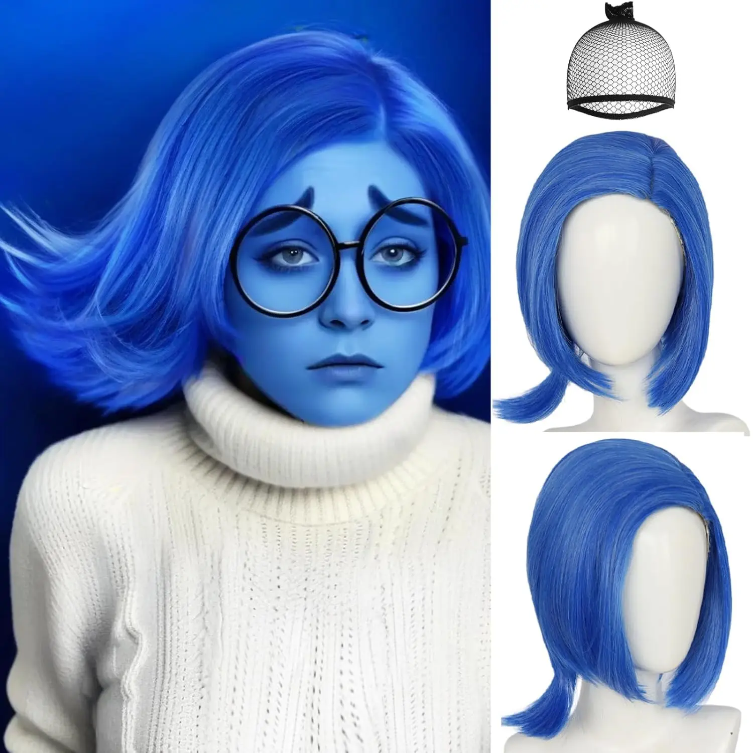 Perruque de tristesse bleue synthétique【+ bonnet de perruque + lunettes】 perruques Bob courtes bleues perruque de Cosplay femmes perruque bleue droite tenue de Costume Halloween