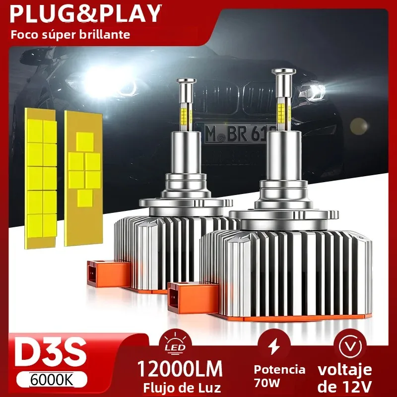 2 bombillas LED para faros delanteros D3S D1S 360 °   70W 900% Más Brillante, 32 Chips CSP, Sin Errores Canbus, Plug&Play, 6000K, Reemplazo HID para Auto, 12V