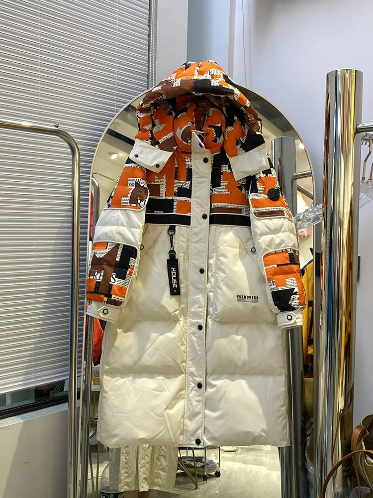 2025年トレンド新色ブロックダウンジャケット レディース 膝丈 ルーズ 厚手 冬 カラーコントラスト スリムダウンコート