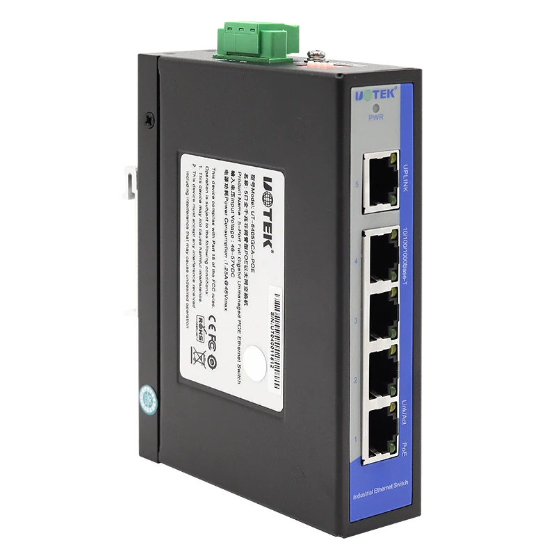 UOTEK 10/100/1000M 5-Port Unmanaged Industrial POE Ethernet Switch IEEE 802.3af/at Standard 48VDC Voltage Input UT-6405GCA-POE