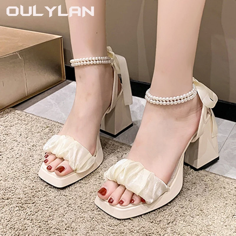 Women Female Block Heel Arrival Chunky Sexy Sandalias for 2024 New Fashion Pearl Sandals Comfortable Shoes Hight Heels