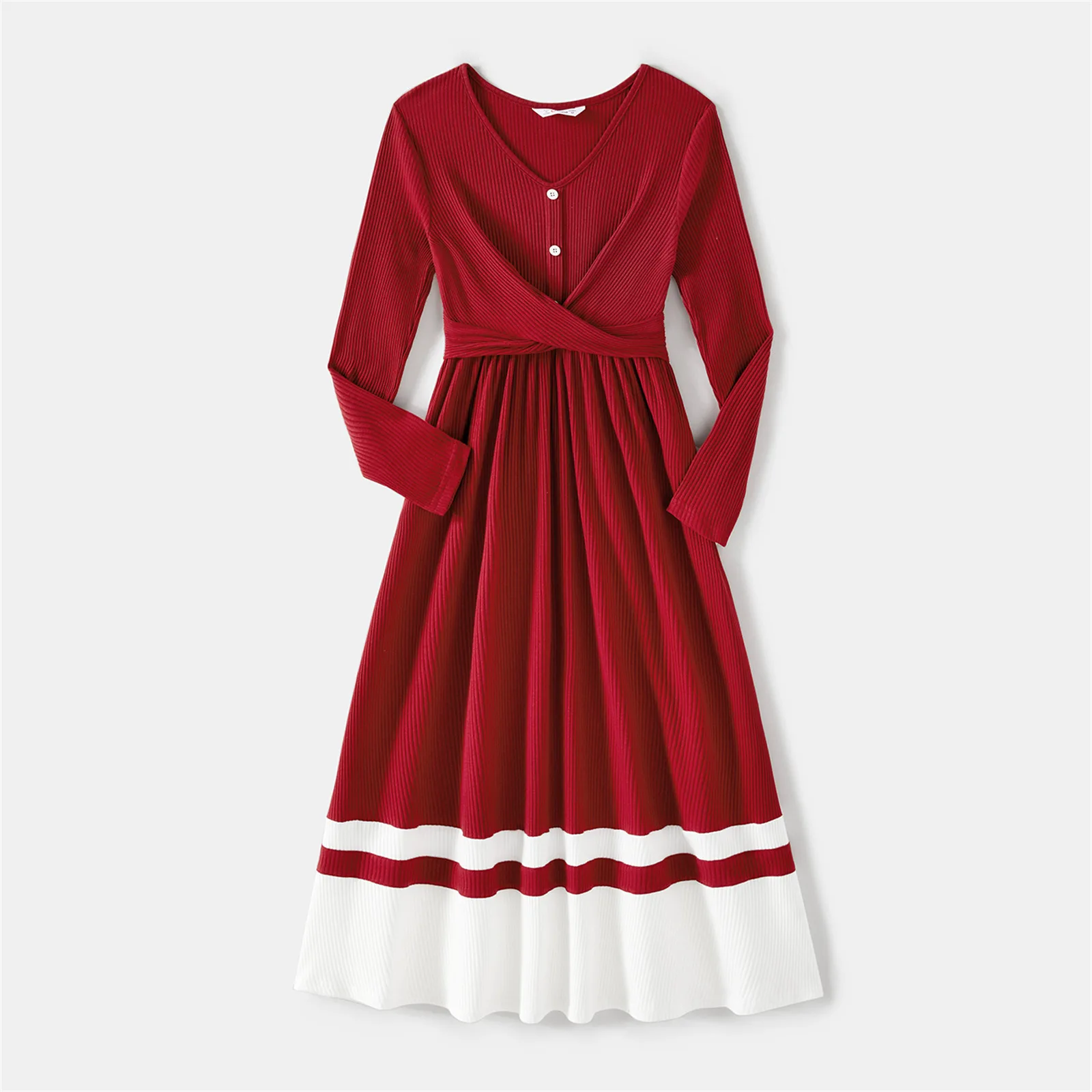 PatPat Valentine's Day Family Matching Burgundy Ribbed Crisscross Pleated Midi Dresses and Long-sleeve Colorblock Tops Sets