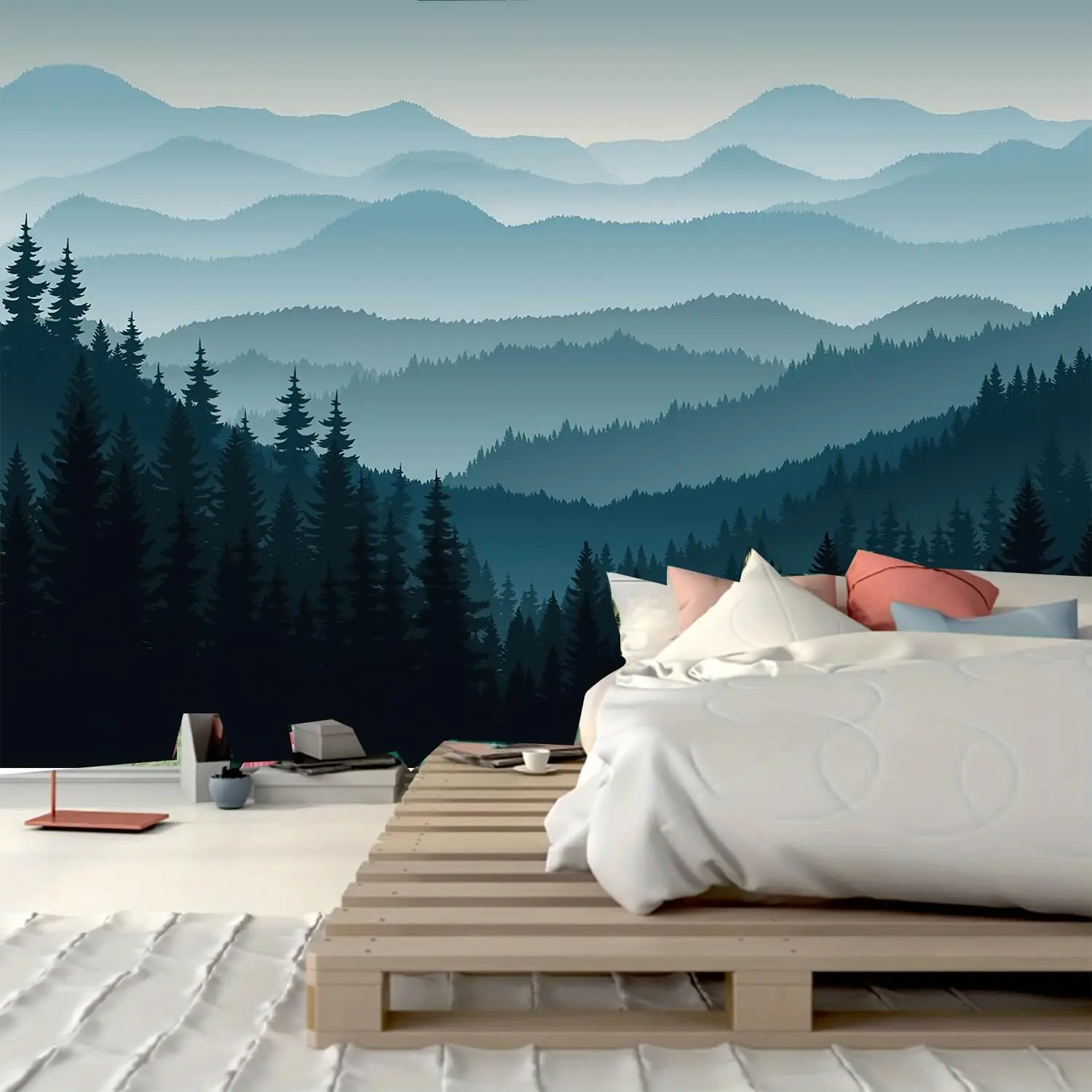 Minimalist Mountain Forest Tapestry, Blue Gradient Pine Tree Landscape Print Wall Hanging, Ideal For Bedroom & Living Room Decor