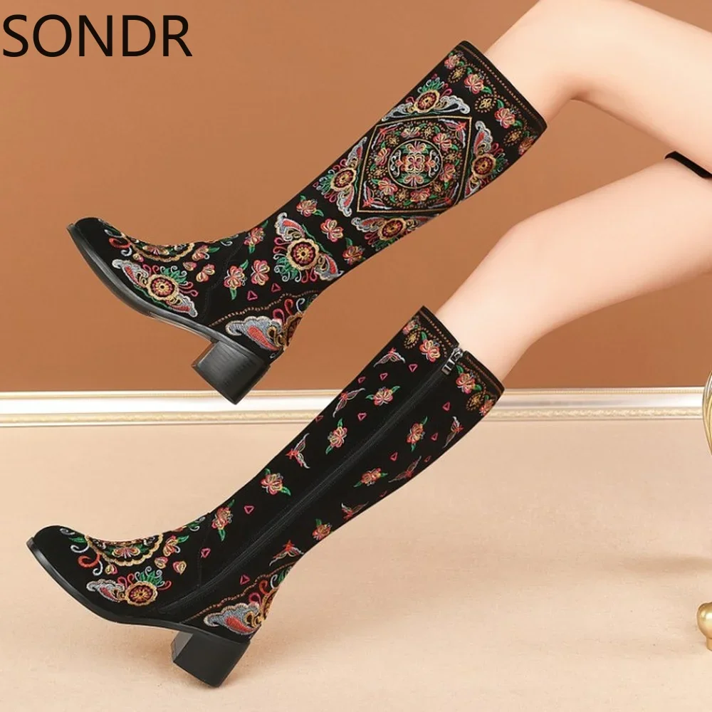 Womens Pointed Toe Embroidery Knee Thigh Boots Block Heel Chelsea Western Shoes Genuine Leather Plus Size  New 2024