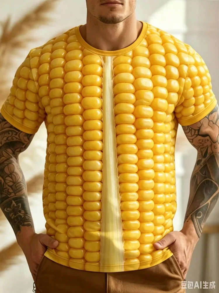 Men's Yellow Corn Korean Lettuce T-Shirt 3D Printed Short Sleeve Vegetable Fruit Breathable Round Sleeve Casual T Shirt for Man