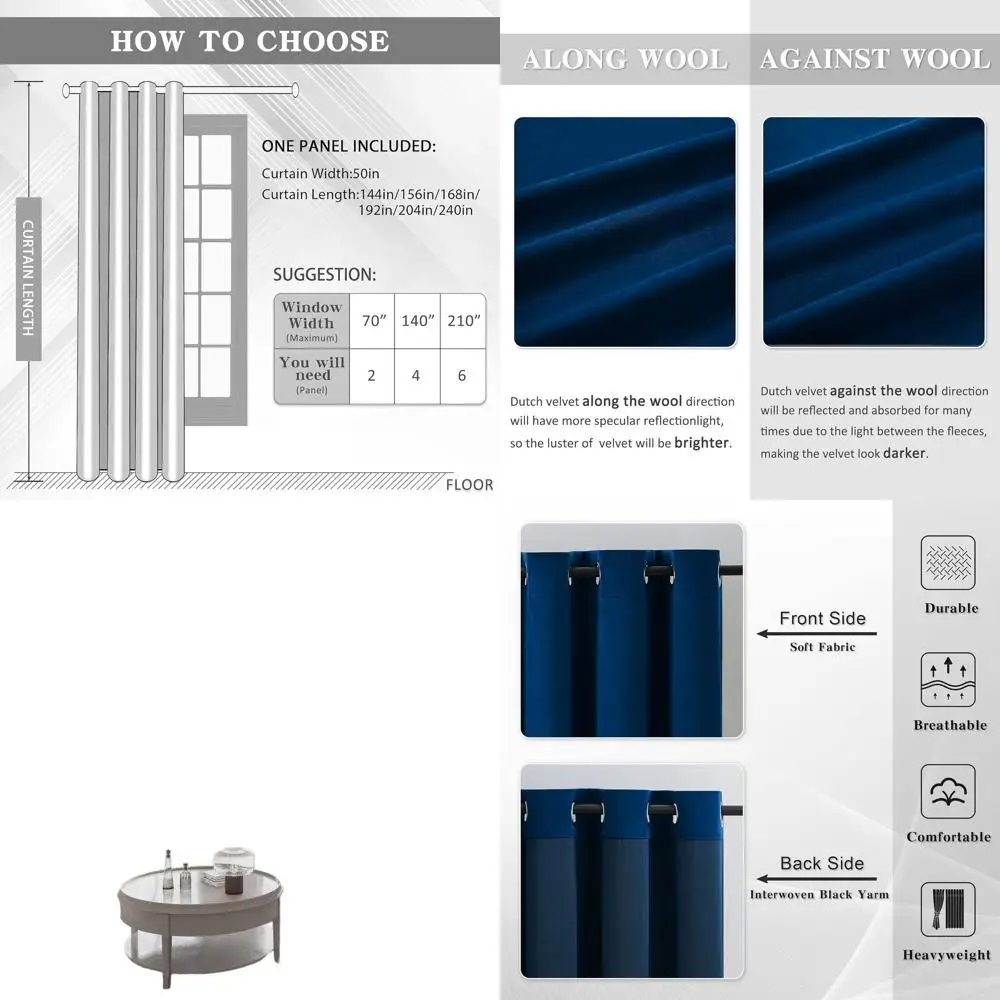 ستائر تعتيم معزولة حراريًا بطول 12 قدمًا، شديدة التحمل لغرف المعيشة بطابقين، 52 عريضة، أزرق داكن