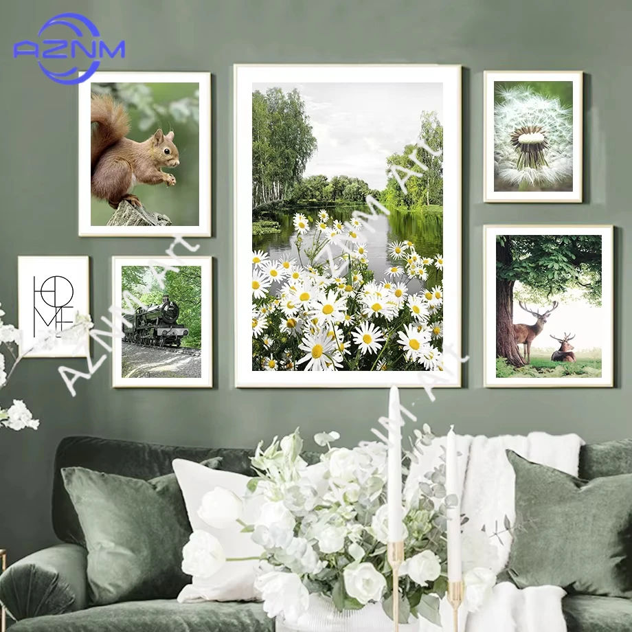 1Pc/6Pcs Nature Forest Lake Deer Fox Dandelion Train Flower Posters Prints Canvas Painting Wall Art For Living Room Home Decor