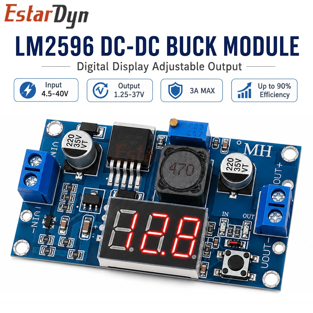 Estardyn LM2596 3A Buck Step Down Converter 4-40V to 1.25-37V Adjustable Voltage Regulator Module with LED Voltmeter for DIY