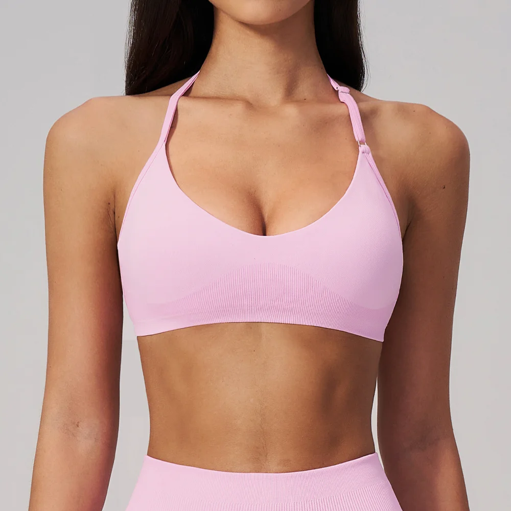 Women's Seamless Yoga Halter Bra Sports Crop Top High Support Open Back Bra Gym Push-up Sports Underwear Shockproof Workout Top