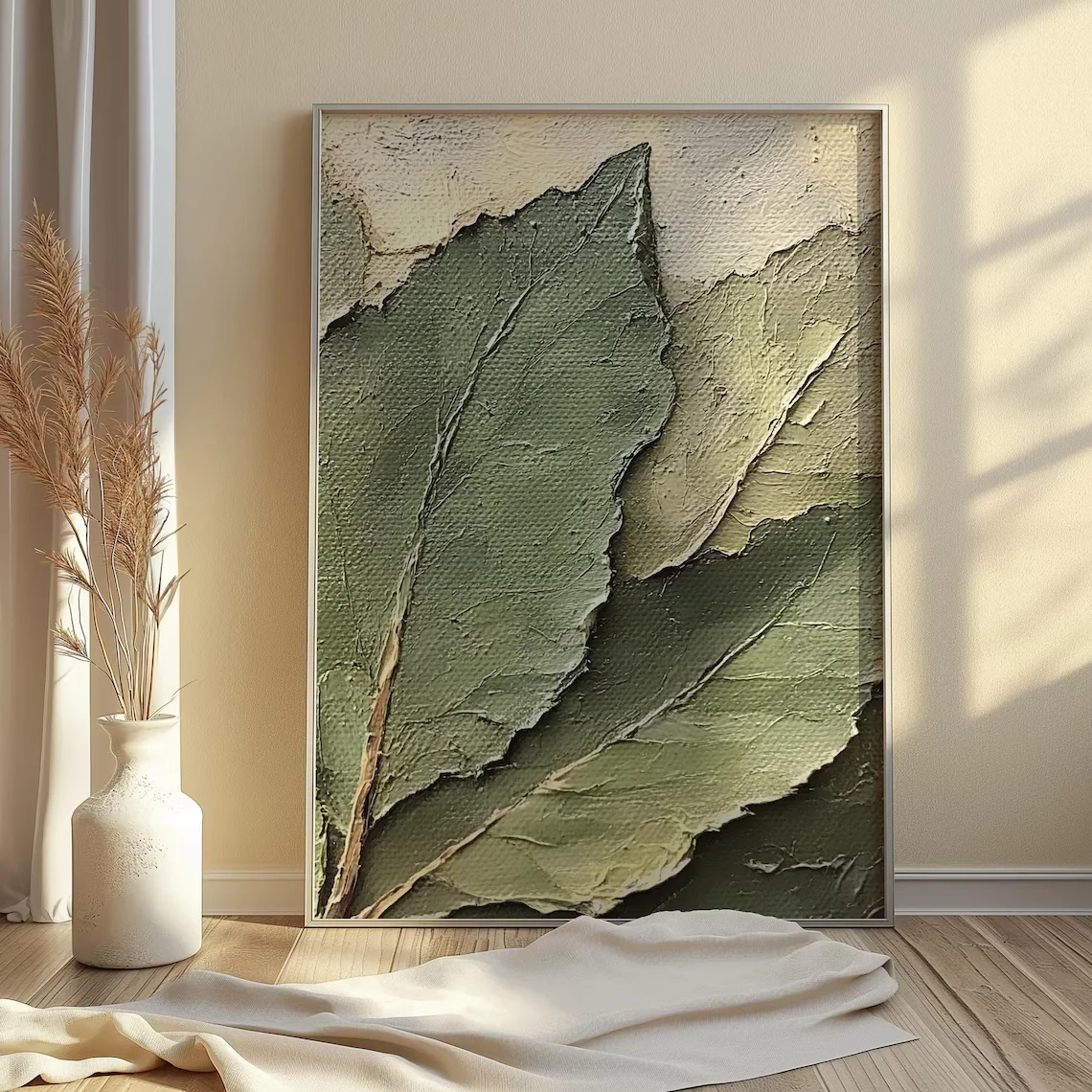 1PC frameless decorative art print,Layered Botanical Leaves Wooden Framed Canvas Wall Art, Nature-Inspired Green Texture Print,