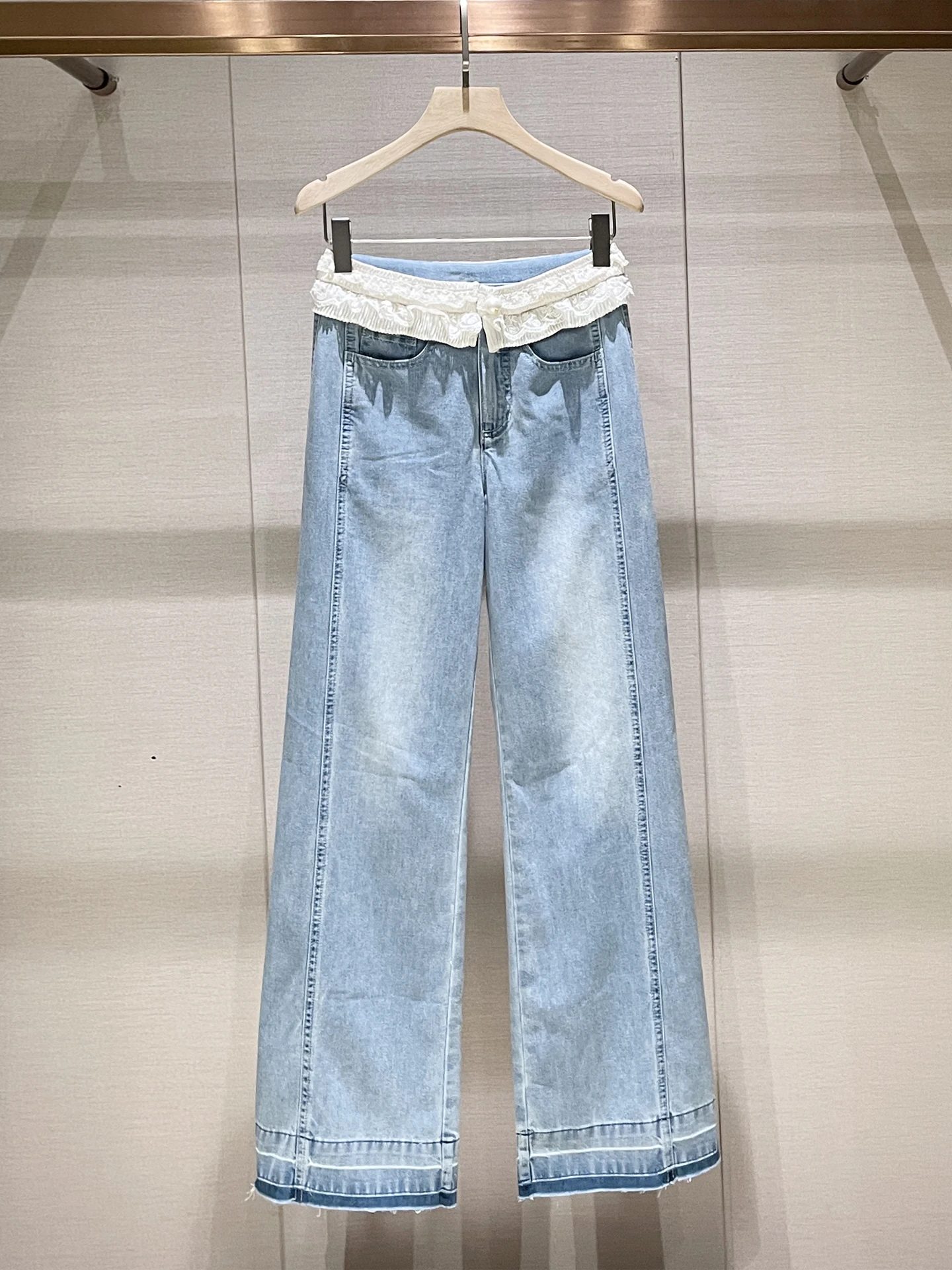 

Slimming High Waist Blue Jeans Lace Detail Petite Women's Wide Leg Pants American Retro Sle Spring New Arrival Breathable C...