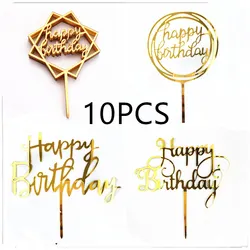 10 Pcs Simple Happy Birthday Cake Topper Pink Gold Acrylic Kids Cake Toppers Dessert Decoration for Baby Shower Gift Supplies