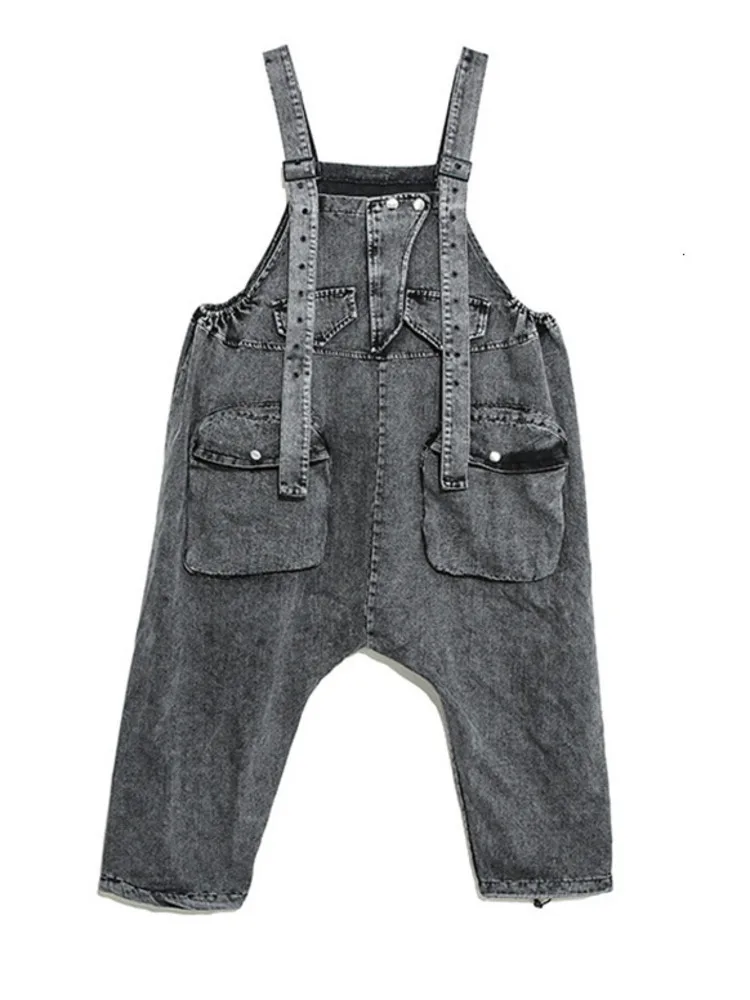 [EAM] High Waist Black Pocket c Denim Overalls Trousers New Loose Fit Pants Women Fashion Tide Spring Autumn 2024 1K164