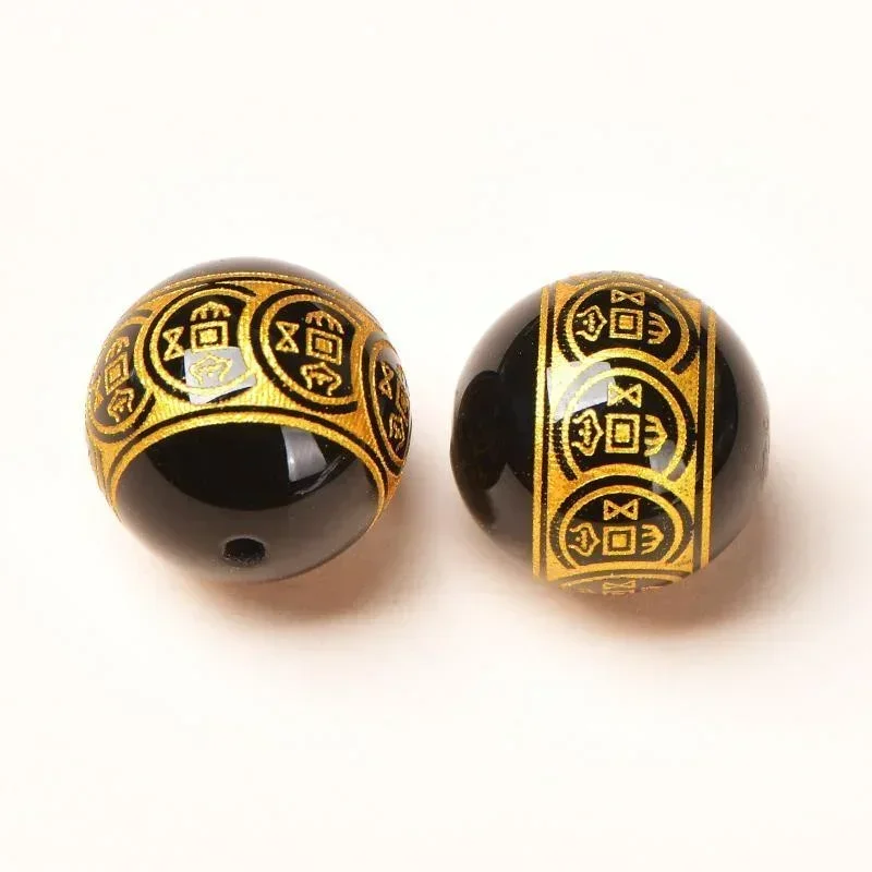 New Style Black Agate Gilding Lettering Money Rolling Coin Round Beads DIY Jewelry Accessories Spacer Hand