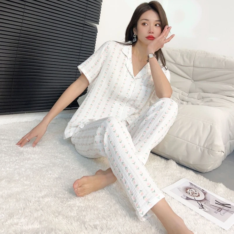 Summer Cotton Crepe Tulip Four Color Pajamas for Women Short Sleeved Pants Casual Loose Fitting Home Clothing Loose Loungewear