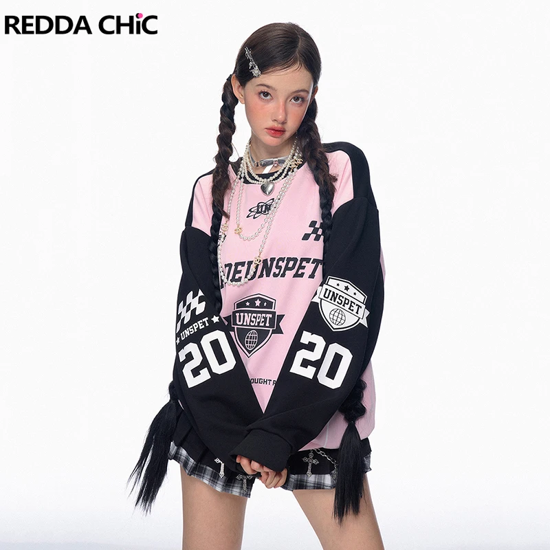 

REDDACHiC Color Block Graphic Women Hoodies Crew Neck Long Sleeves Loose Pullover Top Sports Sweatshirt Casual Autumn Clothes