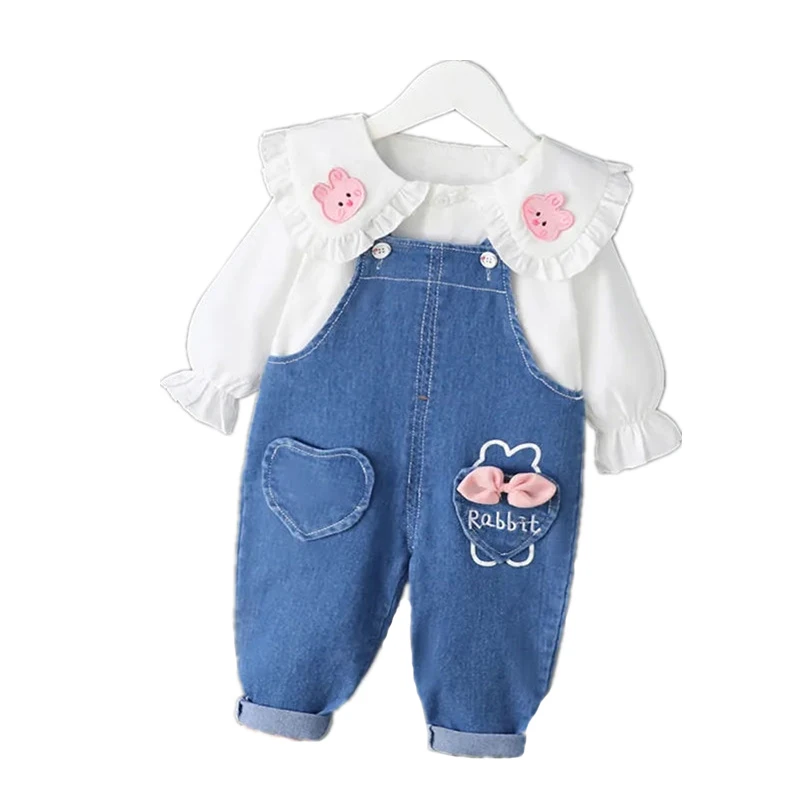 Cute Spring Autumn Children Cotton Clothes Baby Girls Suit fot cute top+ denim Pants 2Pcs/sets Out Kid Fashion Clothing sets