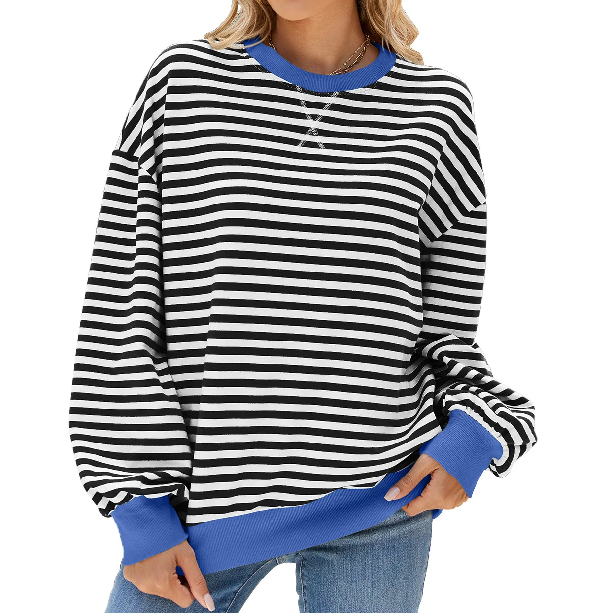 Casual Sweatshirt Women Loose Fit Fashion Striped Round Neck Colour Blocking Long Sleeve Hoodies Winter Clothes Women