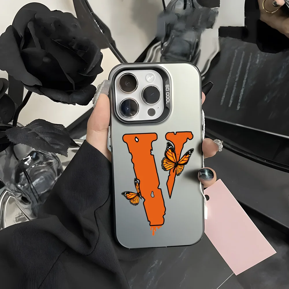 Роскошный чехол для телефона V-Vlone с буквенным принтом для iPhone 16, 15, 14, 13, 12, 11 Pro Max, серый, черный, матовый, лазерный, металлик, Aurora Funda