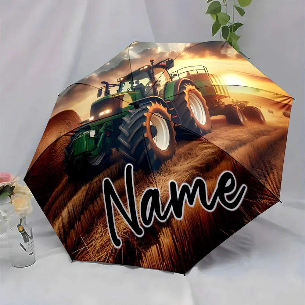 Custom Name Tractor Field Design Umbrella for Farm Lovers Print 8 Iron Ribs Folding Umbrella Auto-Open Fashion Sunshade