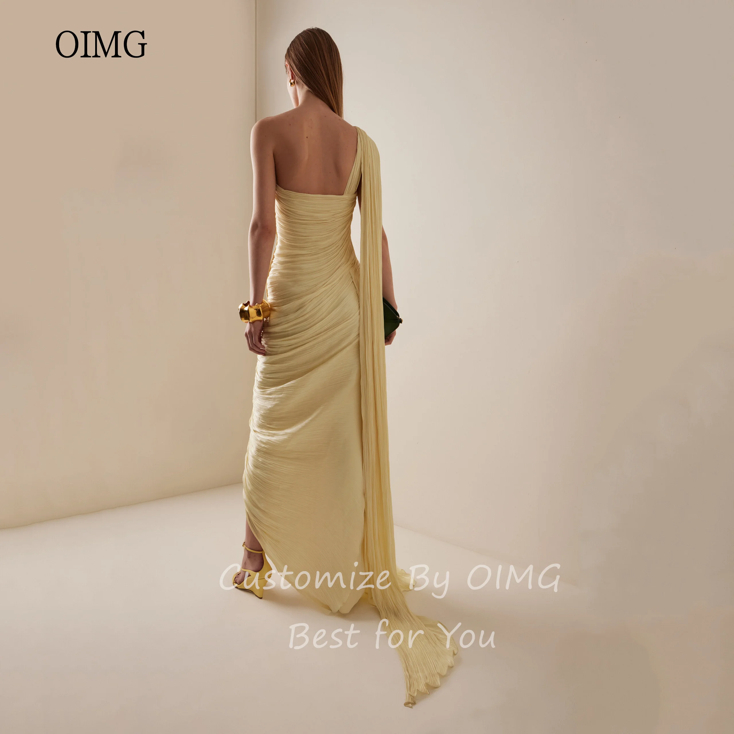 OIMG Chic Yellow One Shoulder Mermaid Prom Gowns Backless Pleated Formal Party Gown Floor Length Evening Dress Customized